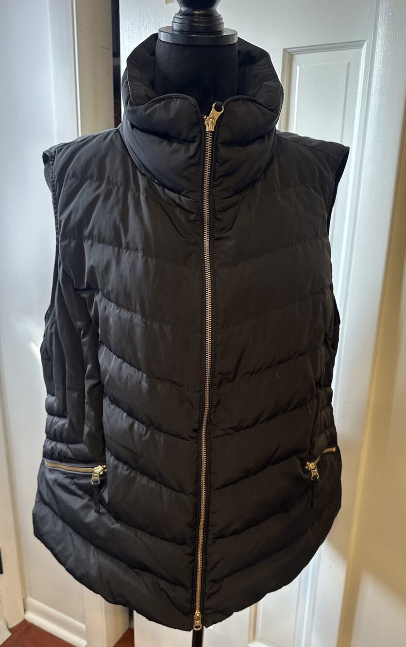 Talbots Black Down Puffer Vest Plus Size 2X Gold Hardware Full Zip High Neck EUC